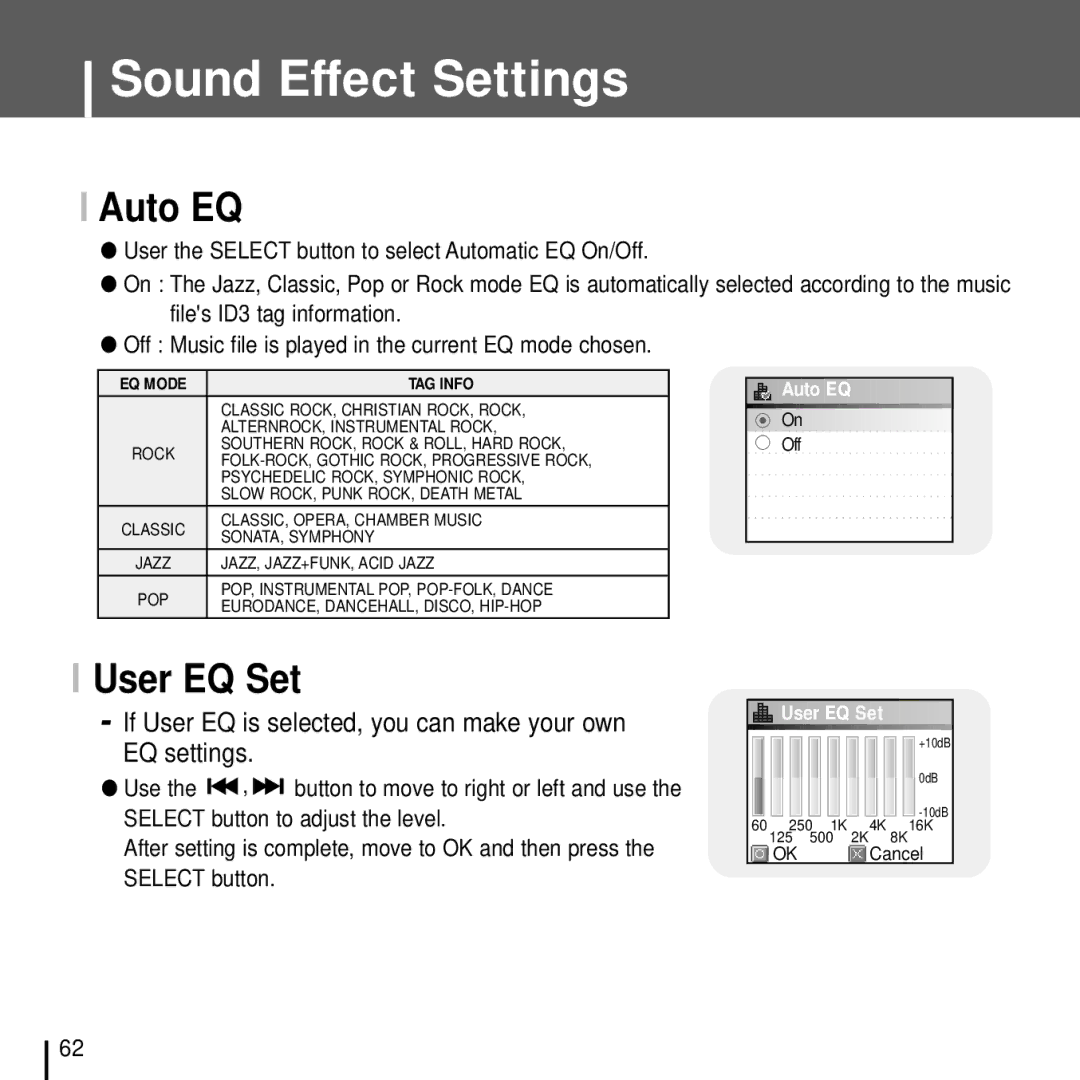 Samsung YH-J70J manual Auto EQ, User EQ Set, If User EQ is selected, you can make your own EQ settings 