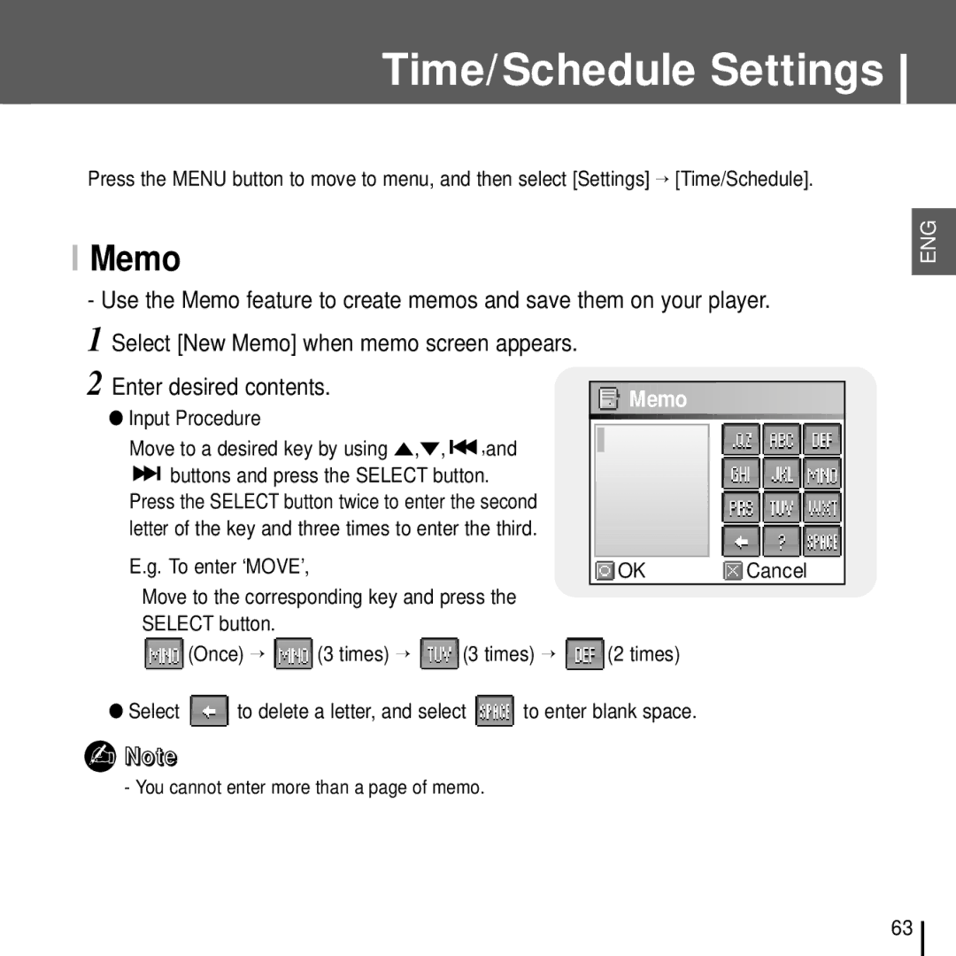 Samsung YH-J70J manual Time/Schedule Settings, Memo, Input Procedure, Buttons and press the Select button 