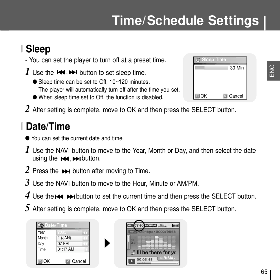 Samsung YH-J70J manual Date/Time, Sleep time can be set to Off, 10~120 minutes, You can set the current date and time 