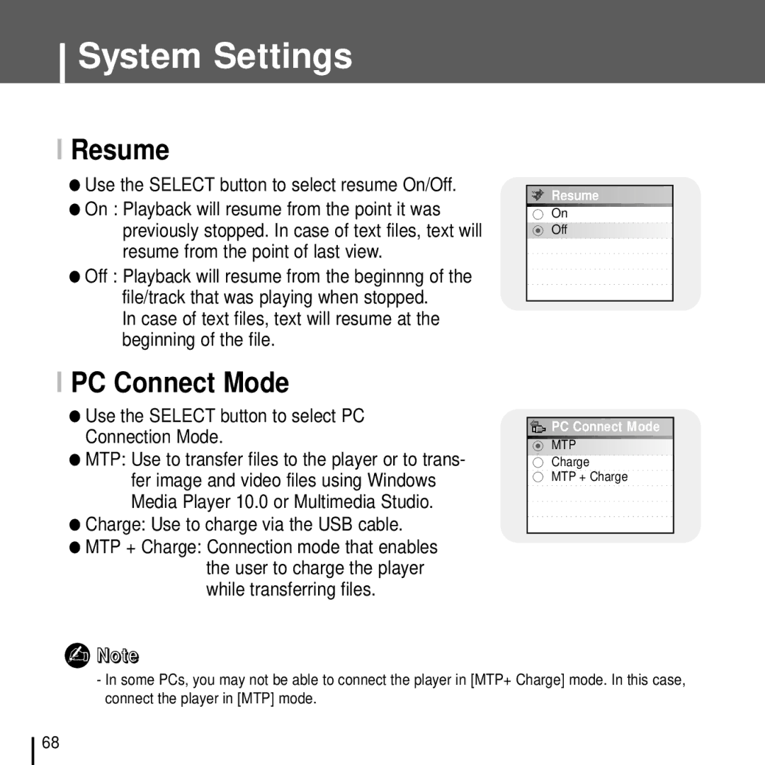 Samsung YH-J70J manual Resume, PC Connect Mode 