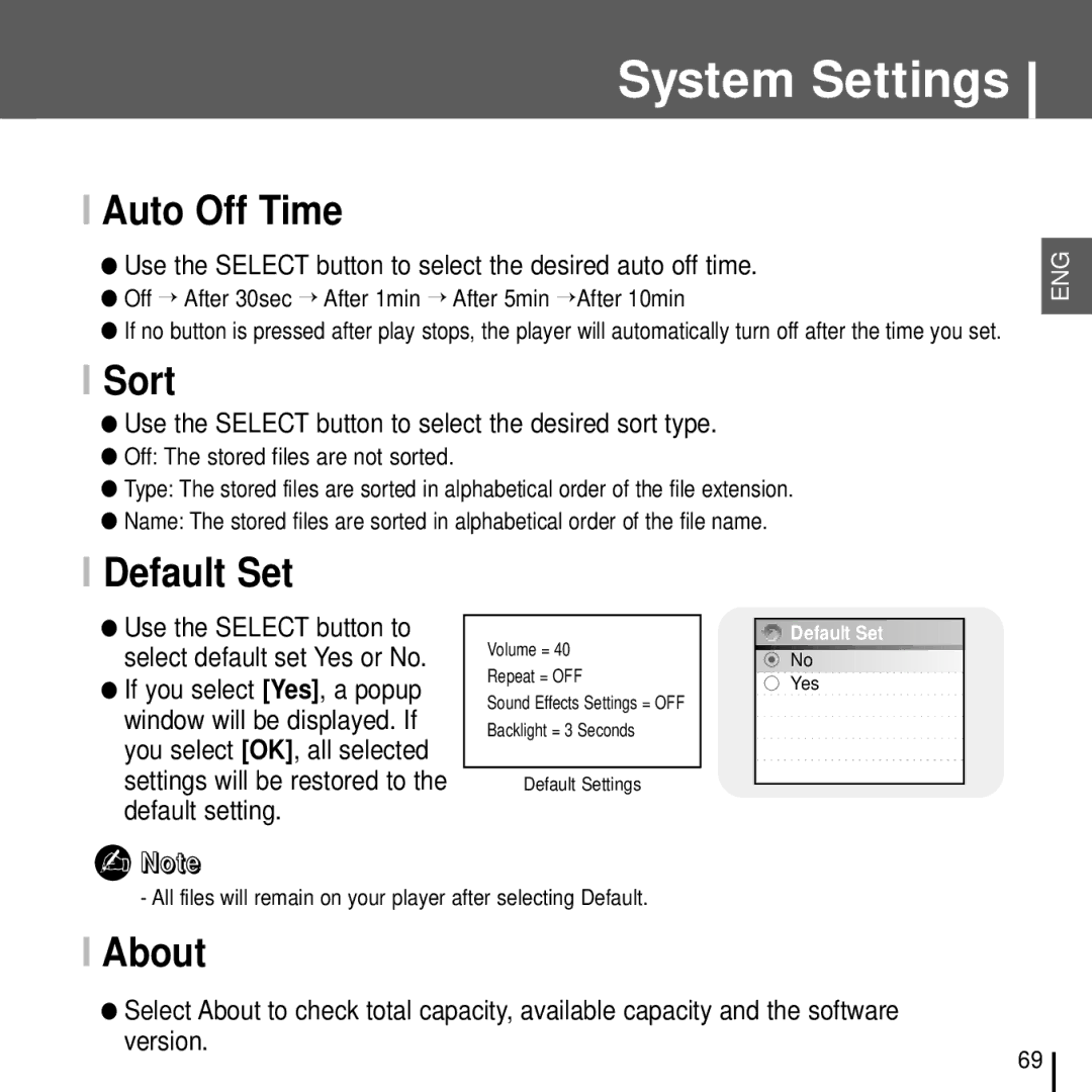 Samsung YH-J70J manual Auto Off Time, Sort, Default Set, About 