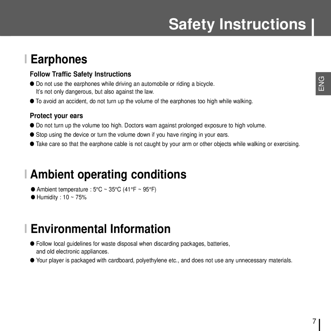 Samsung YH-J70J manual Earphones, Ambient operating conditions, Environmental Information 