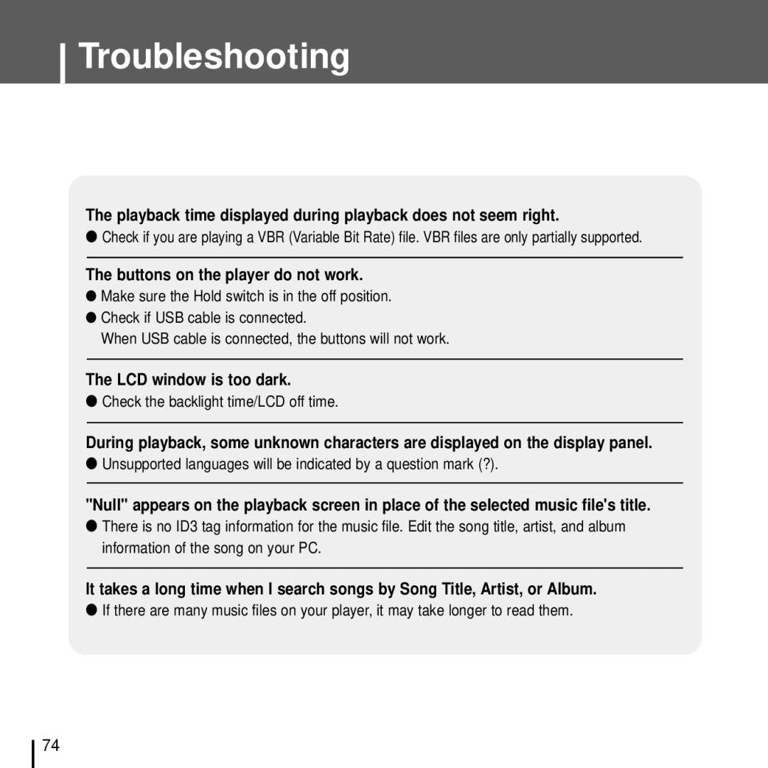 Samsung YH-J70J manual Check the backlight time/LCD off time, Unsupported languages will be indicated by a question mark ? 