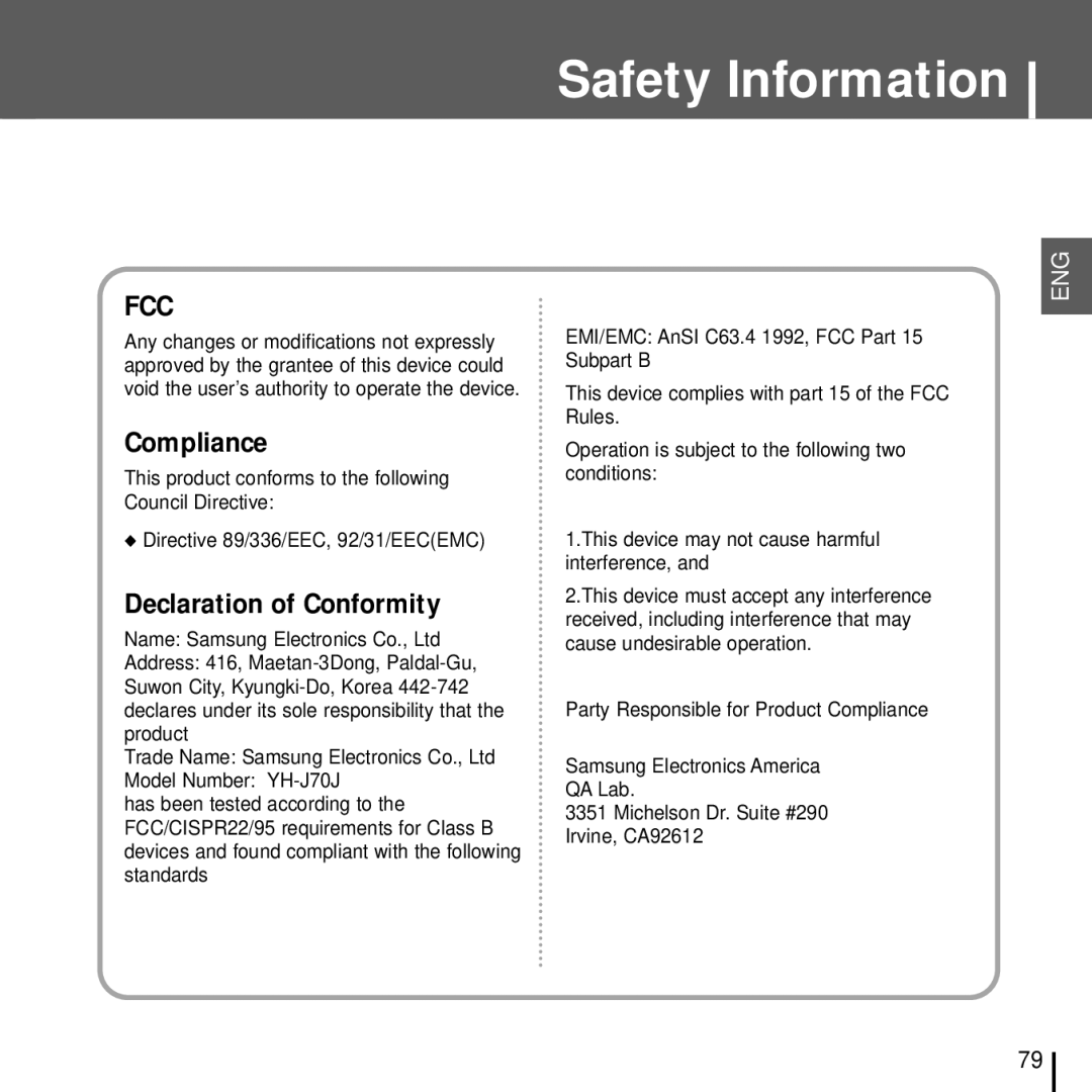 Samsung YH-J70J manual Compliance 