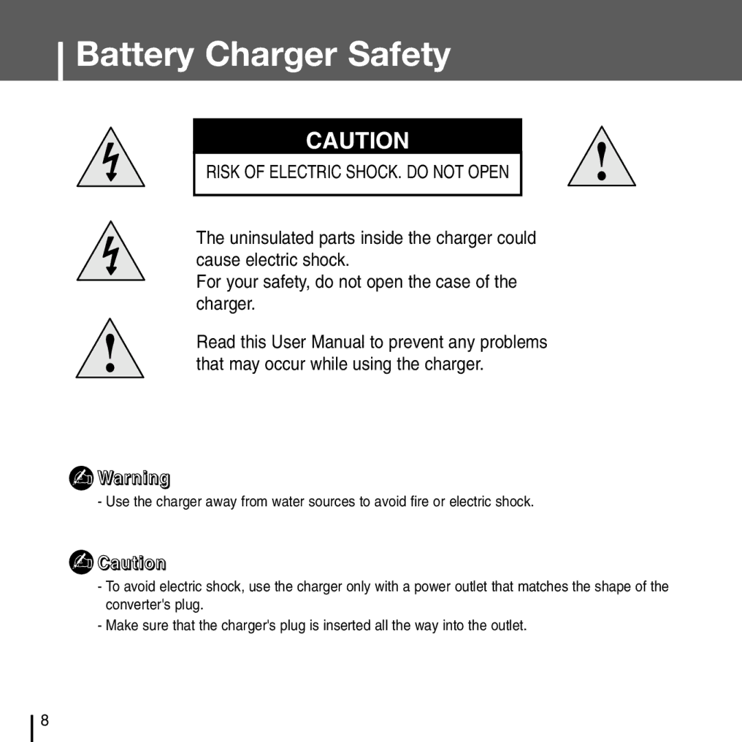 Samsung YH-J70J manual Battery Charger Safety, Risk of Electric SHOCK. do not Open 