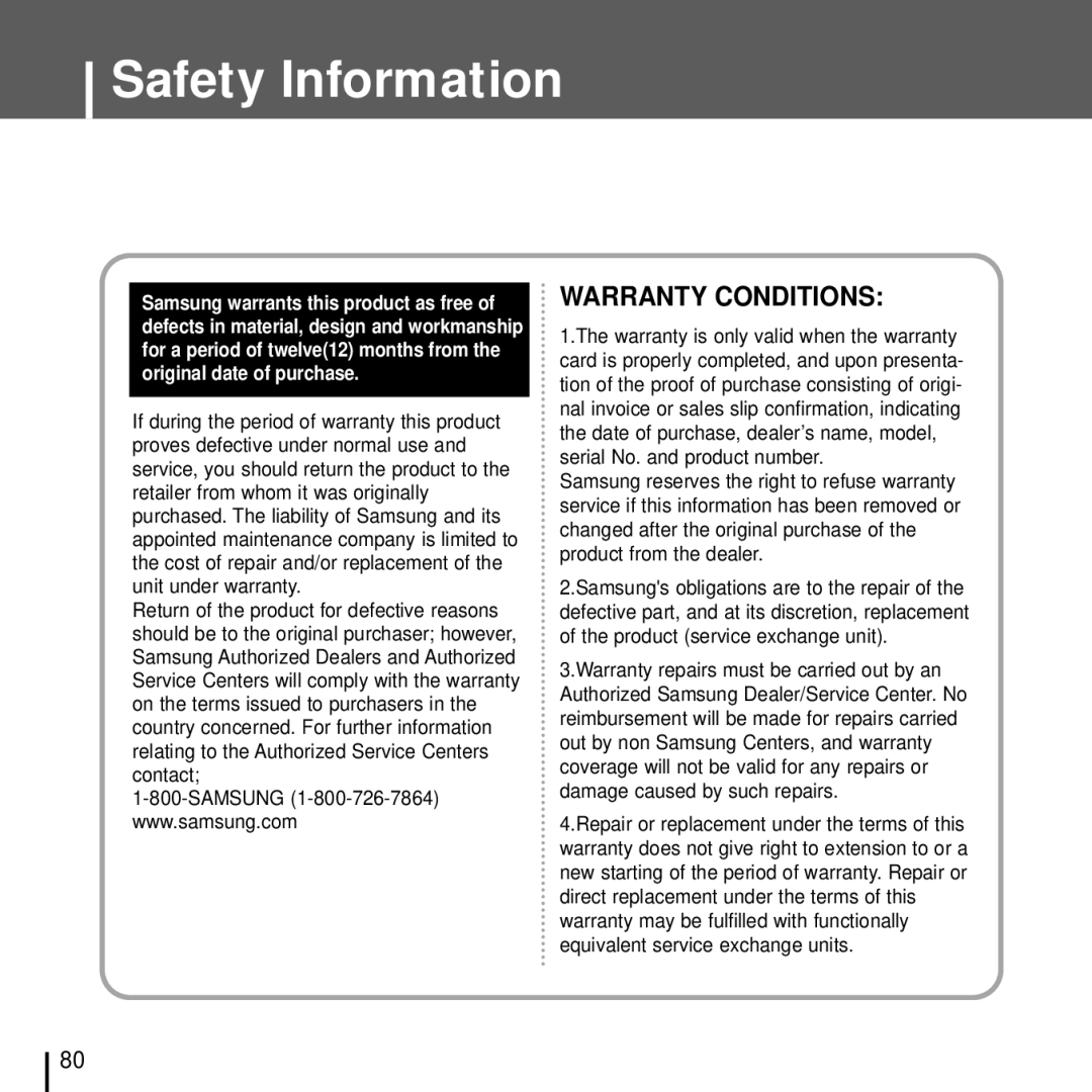 Samsung YH-J70J manual Warranty Conditions 