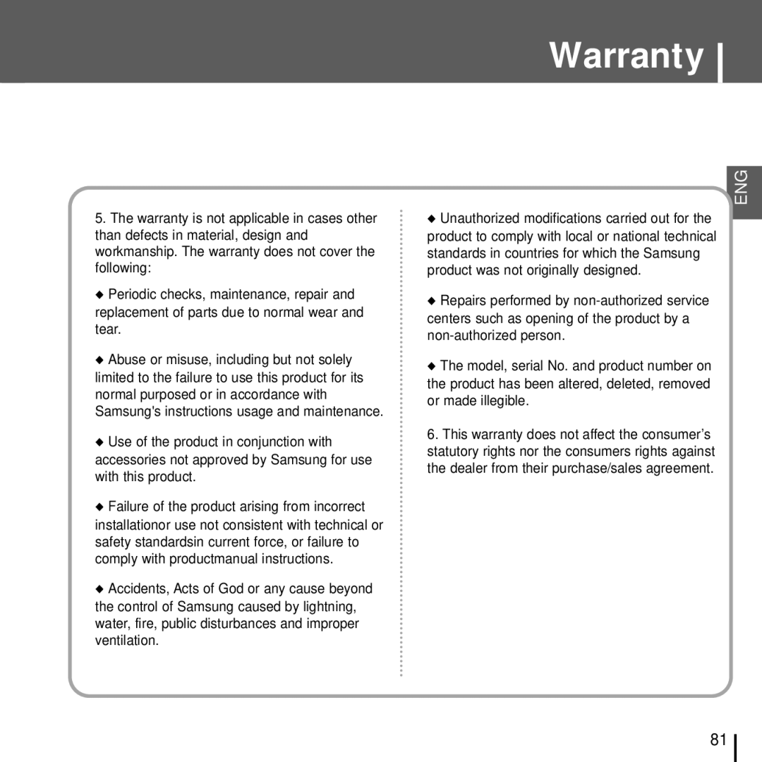 Samsung YH-J70J manual Warranty 