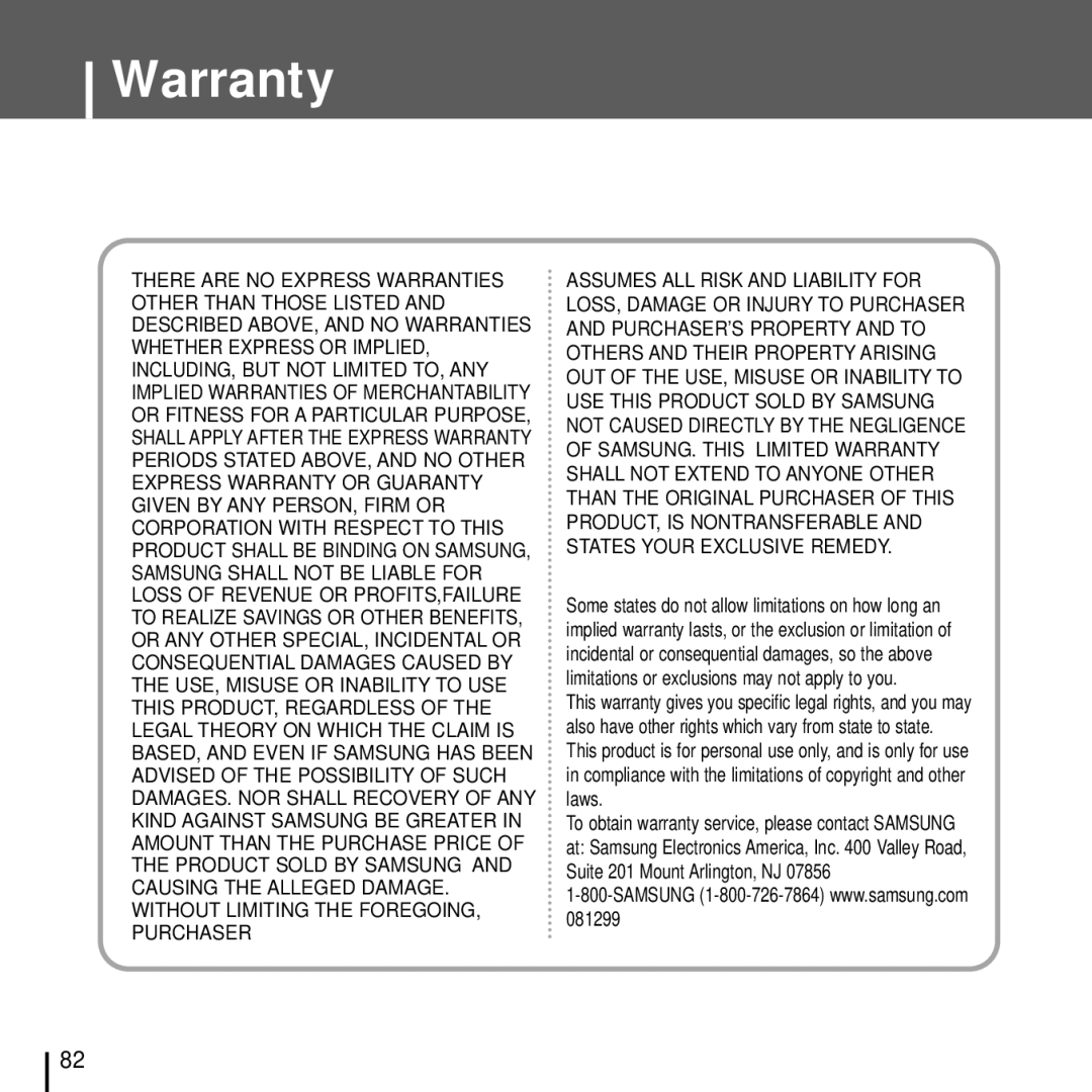 Samsung YH-J70J manual Warranty 