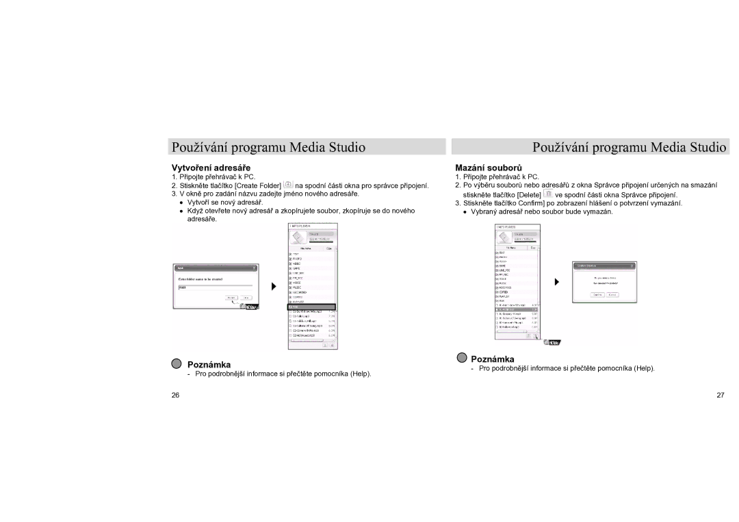 Samsung YH-J70SB/ELS, YH-J70LB/ELS manual Vytvoření adresáře, Mazání souborů 