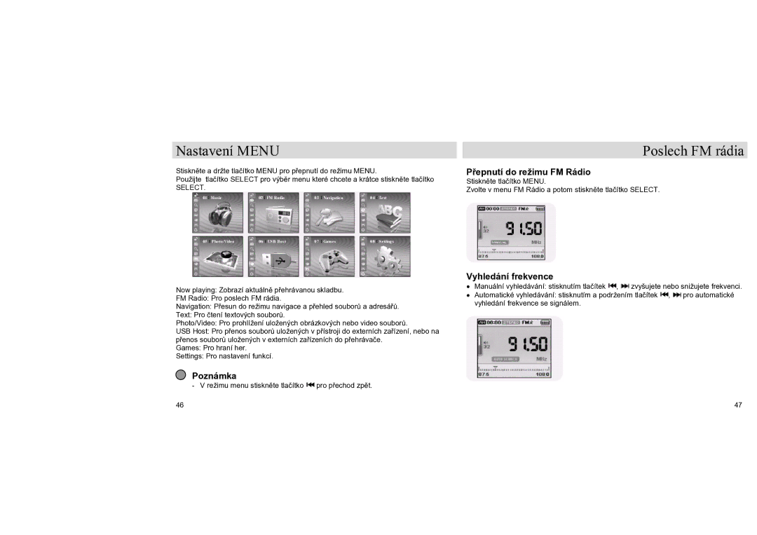 Samsung YH-J70SB/ELS, YH-J70LB/ELS manual Nastavení Menu, Poslech FM rádia, Přepnutí do režimu FM Rádio, Vyhledání frekvence 