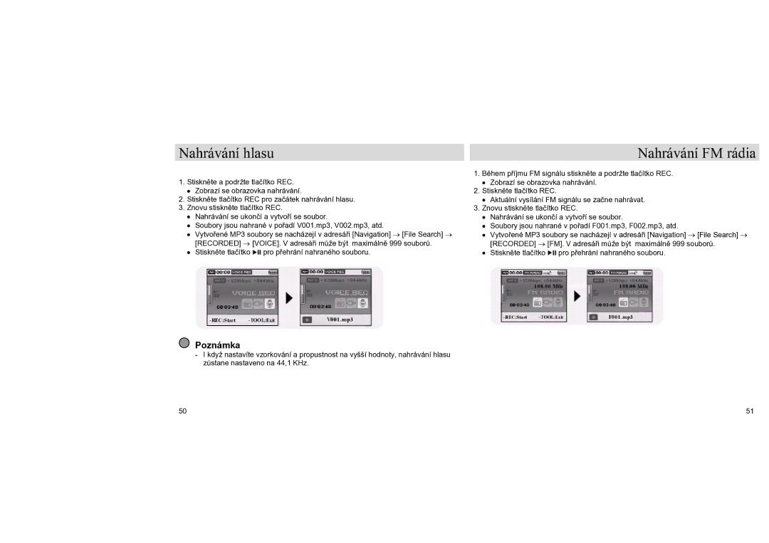 Samsung YH-J70SB/ELS, YH-J70LB/ELS manual Nahrávání hlasu, Nahrávání FM rádia 