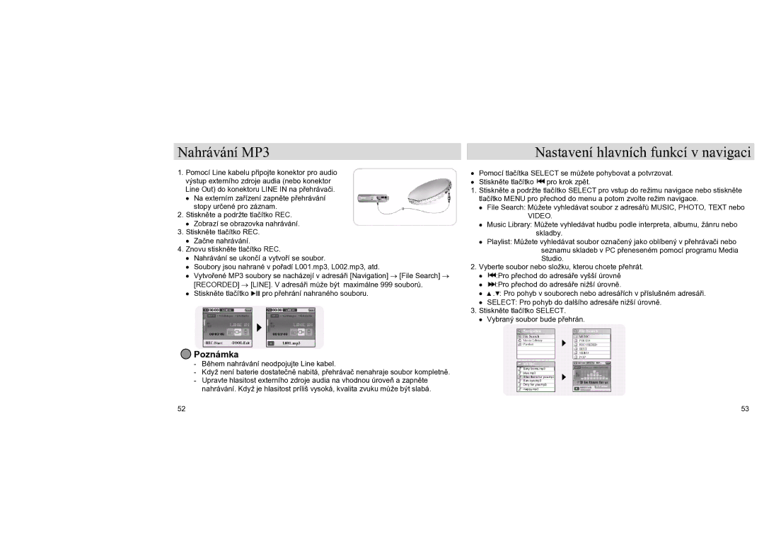 Samsung YH-J70LB/ELS, YH-J70SB/ELS manual Nahrávání MP3, Nastavení hlavních funkcí v navigaci 