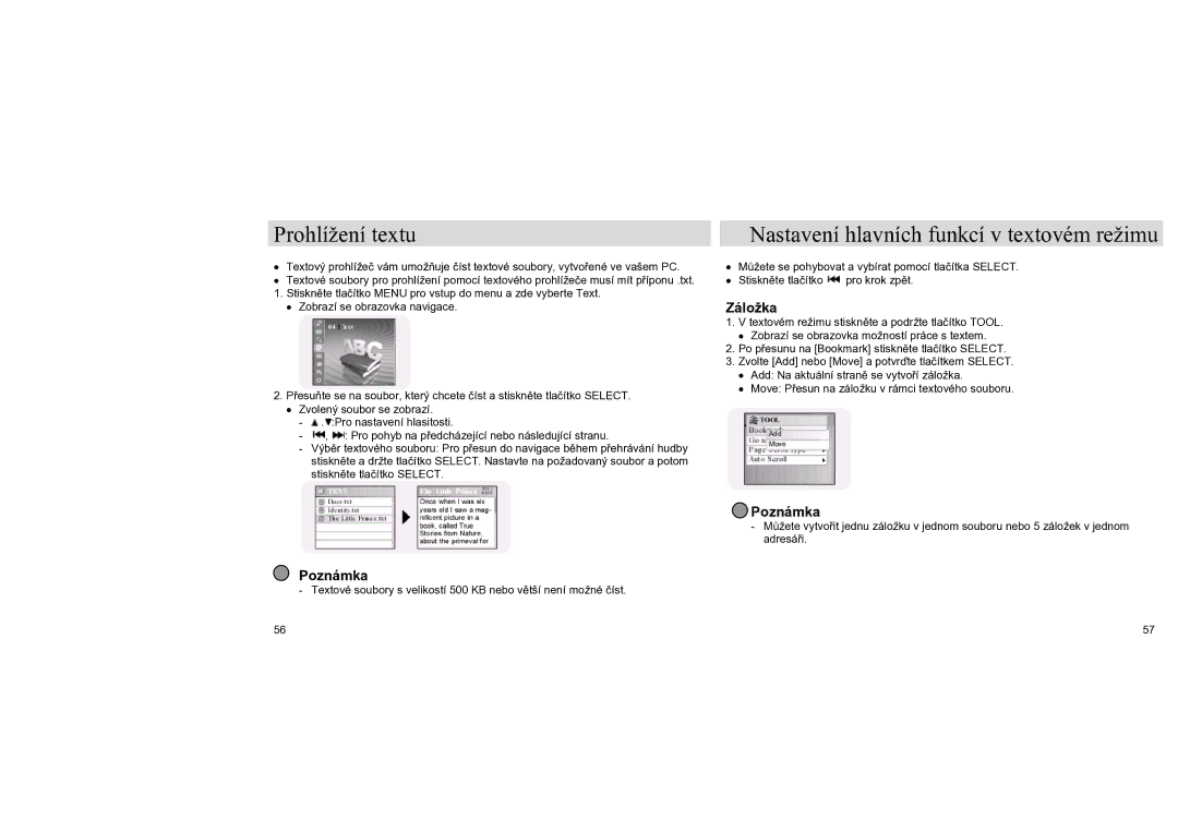 Samsung YH-J70LB/ELS, YH-J70SB/ELS manual Prohlížení textu, Nastavení hlavních funkcí v textovém režimu, Záložka 