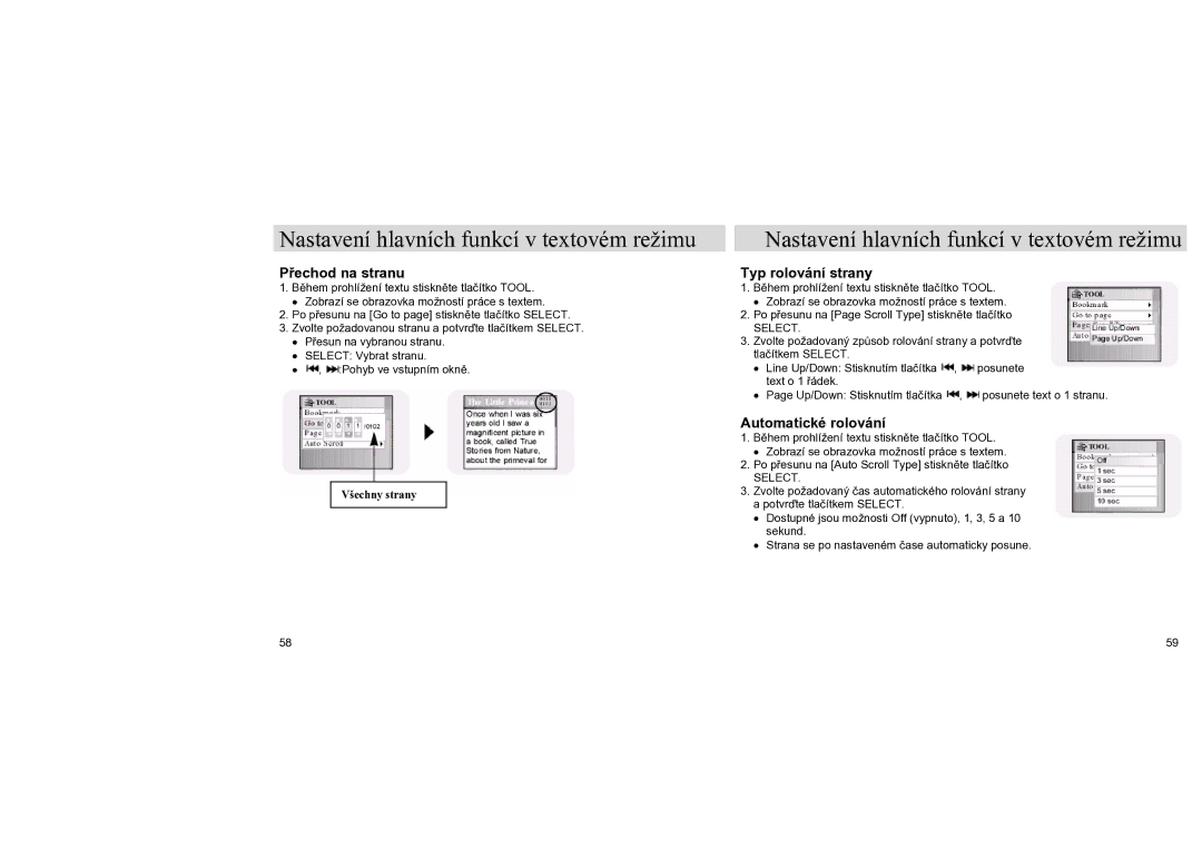 Samsung YH-J70SB/ELS, YH-J70LB/ELS manual Přechod na stranu, Typ rolování strany, Automatické rolování 