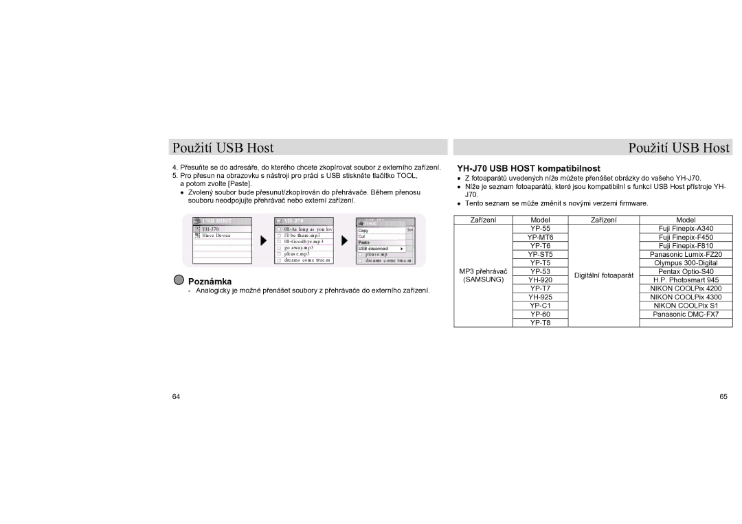 Samsung YH-J70LB/ELS, YH-J70SB/ELS manual YH-J70 USB Host kompatibilnost 