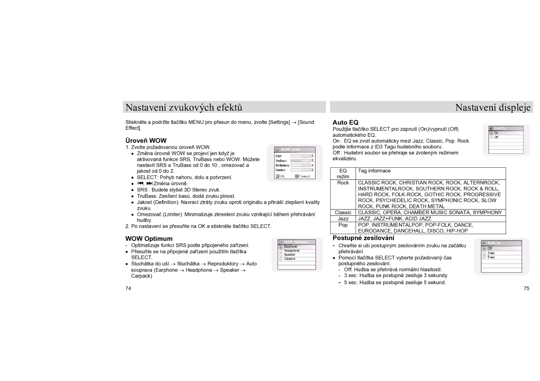 Samsung YH-J70SB/ELS, YH-J70LB/ELS manual Nastavení zvukových efektů, Úroveň WOW, WOW Optimum, Auto EQ, Postupné zesilování 