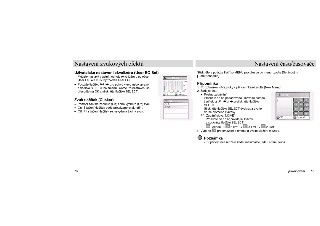 Samsung YH-J70LB/ELS manual Nastavení času/časovače, Uživatelské nastavení ekvalizéru User EQ Set, Zvuk tlačítek Clicker 