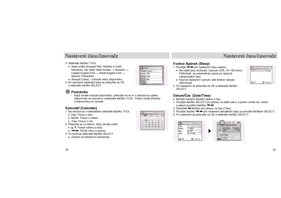 Samsung YH-J70SB/ELS, YH-J70LB/ELS manual Kalendář Calendar, Funkce Spánek Sleep, Datum/Čas Date/Time 