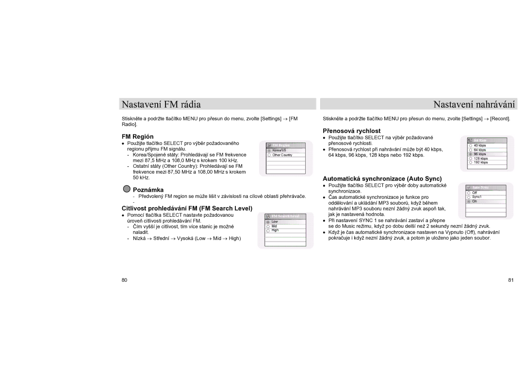 Samsung YH-J70LB/ELS, YH-J70SB/ELS manual Nastavení FM rádia, Nastavení nahrávání 