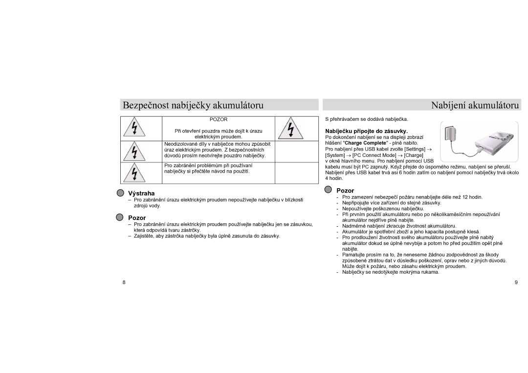 Samsung YH-J70LB/ELS, YH-J70SB/ELS manual Bezpečnost nabíječky akumulátoru, Nabíjení akumulátoru, Výstraha, Pozor 