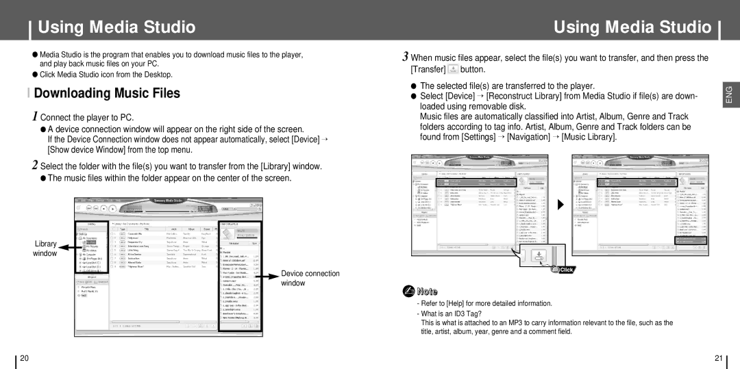 Samsung YH-J70SB/AAW, YH-J70SB/ELS, YH-J70SB/HAO, YH-J70SW/XSG Using Media Studio, Downloading Music Files, Library window 