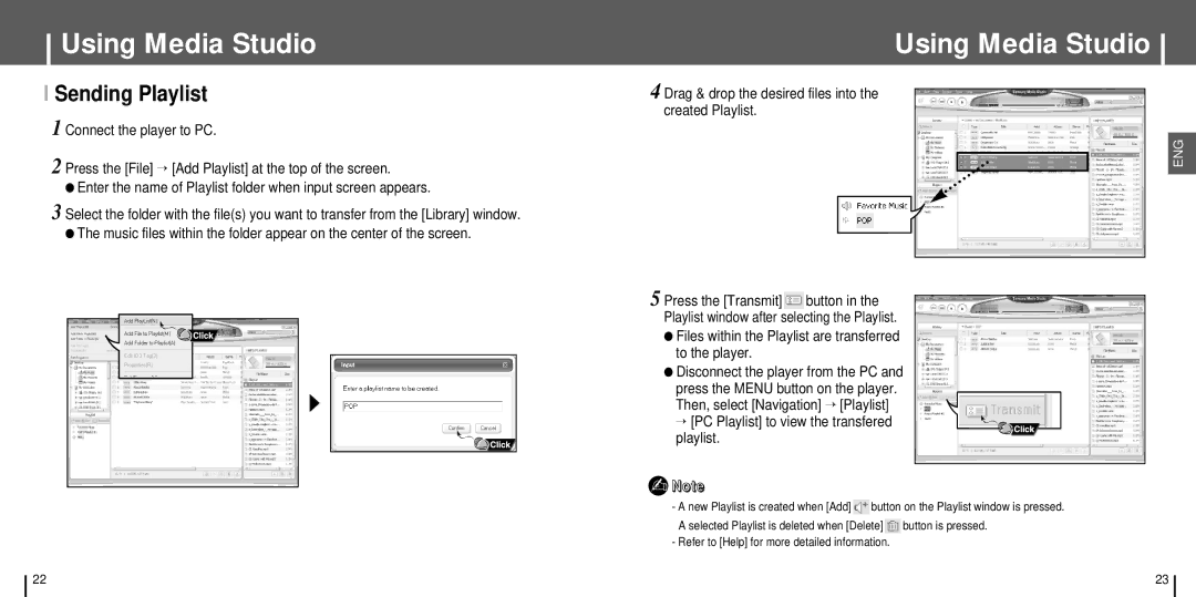 Samsung YH-J70SB/XSG manual Sending Playlist, Drag & drop the desired files into the created Playlist, Button is pressed 