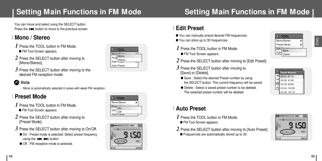 Samsung YH-J70SB/HAO, YH-J70SB/ELS Setting Main Functions in FM Mode, Edit Preset Mono / Stereo, Preset Mode, Auto Preset 