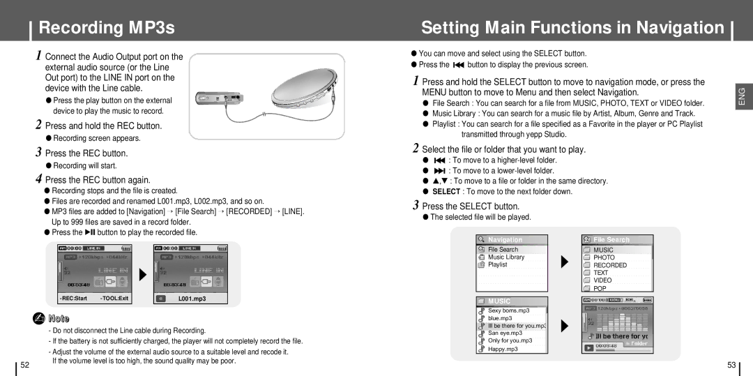 Samsung YH-J70SB/AAW, YH-J70SB/ELS manual Recording MP3s, Setting Main Functions in Navigation, Press the Select button 