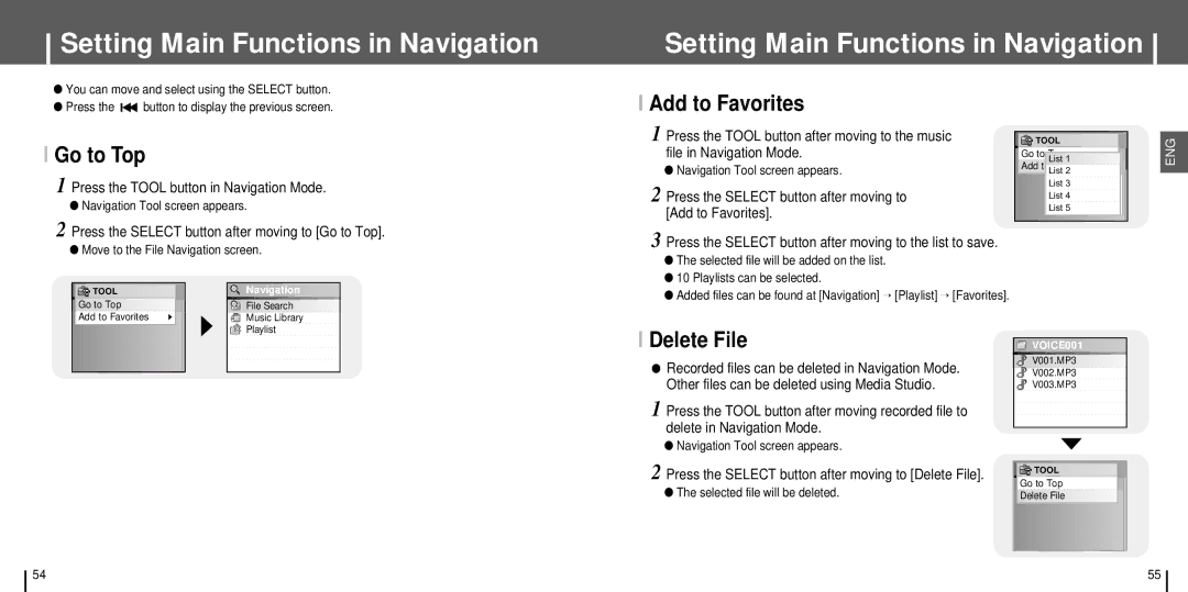 Samsung YH-J70SB/XSG, YH-J70SB/ELS, YH-J70SB/HAO, YH-J70SW/XSG, YH-J70SB/AAW manual Add to Favorites Go to Top, Delete File 