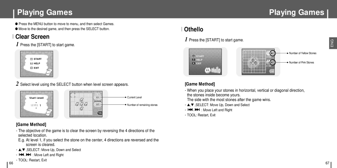 Samsung YH-J70SW/XSG, YH-J70SB/ELS, YH-J70SB/HAO manual Playing Games, Clear Screen, Othello, Press the Start to start game 