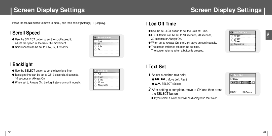 Samsung YH-J70SB/XSV, YH-J70SB/ELS, YH-J70SB/HAO Screen Display Settings, Scroll Speed, Lcd Off Time, Backlight, Text Set 