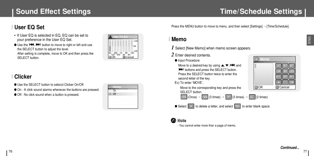 Samsung YH-J70SB/SUN, YH-J70SB/ELS Time/Schedule Settings, User EQ Set, Clicker, Select New Memo when memo screen appears 