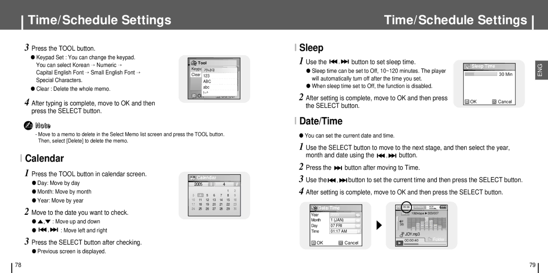 Samsung YH-J70SB/ELS, YH-J70SB/HAO, YH-J70SW/XSG, YH-J70SB/AAW, YH-J70SB/XSG, YH-J70SB/XSV manual Sleep, Date/Time, Calendar 