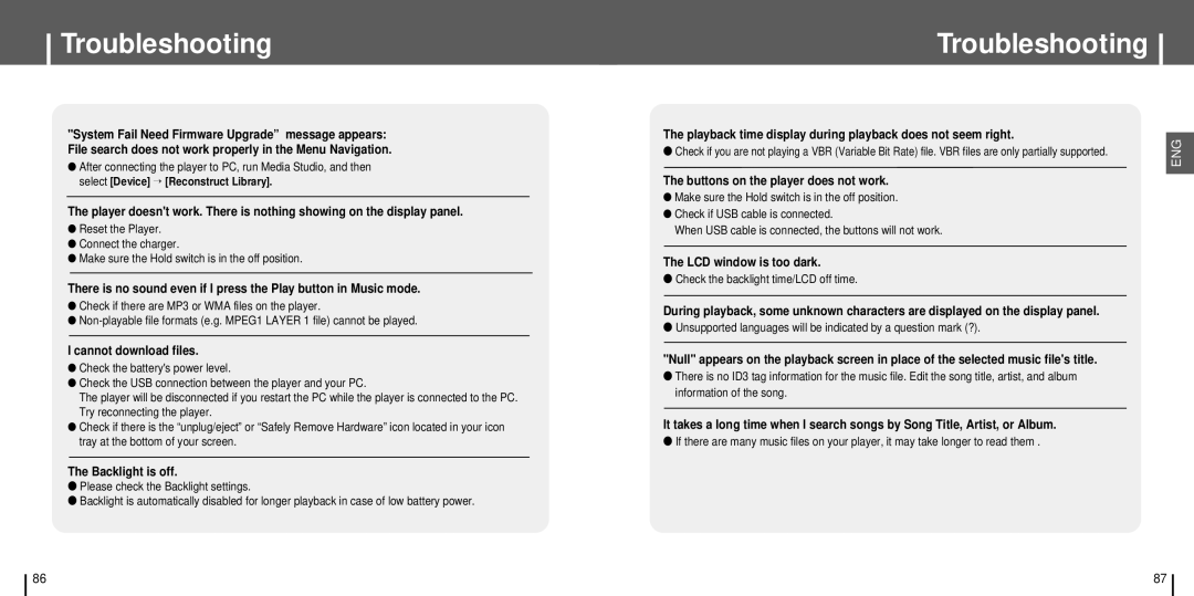 Samsung YH-J70SB/XSG, YH-J70SB/ELS, YH-J70SB/HAO, YH-J70SW/XSG manual Troubleshooting, Check the backlight time/LCD off time 