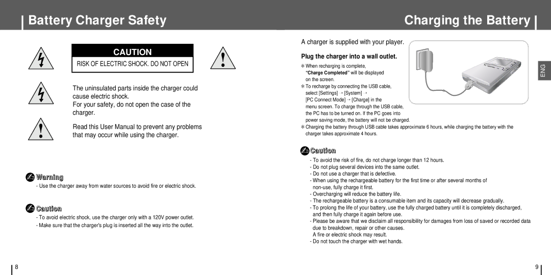 Samsung YH-J70SB/XSV, YH-J70SB/ELS, YH-J70SB/HAO, YH-J70SW/XSG, YH-J70SB/AAW Battery Charger Safety, Charging the Battery 