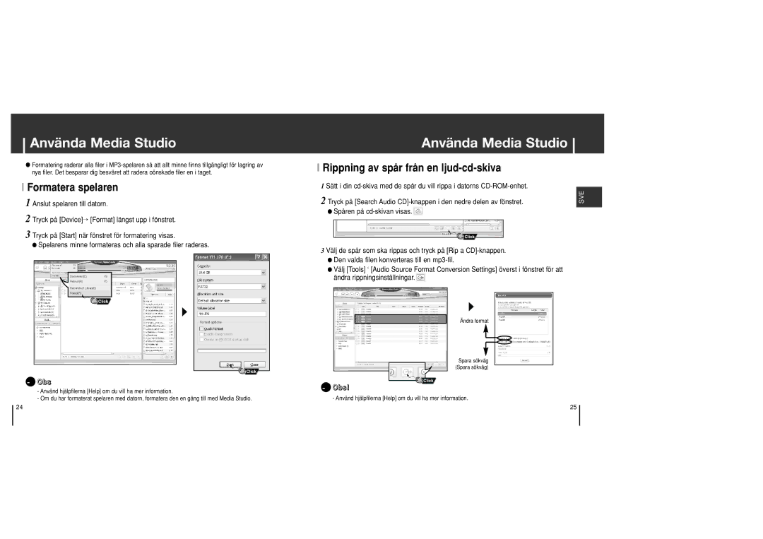 Samsung YH-J70SB/ELS manual Formatera spelaren, Rippning av spår från en ljud-cd-skiva 