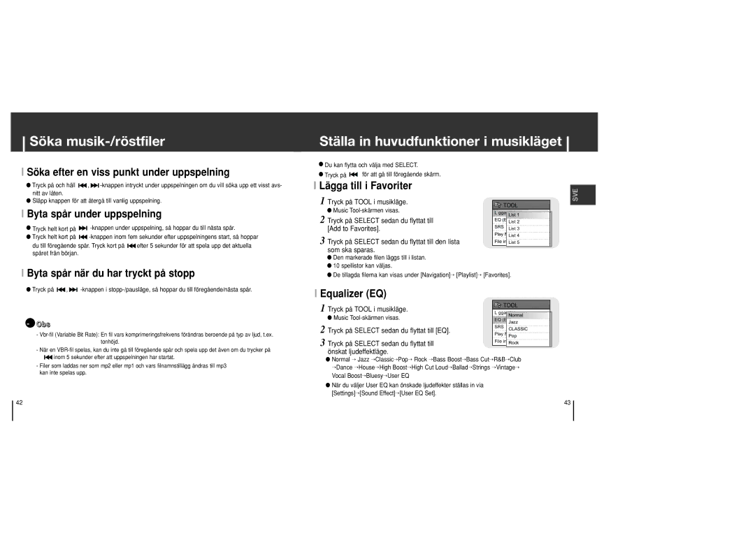 Samsung YH-J70SB/ELS manual Söka musik-/röstfiler, Ställa in huvudfunktioner i musikläget 