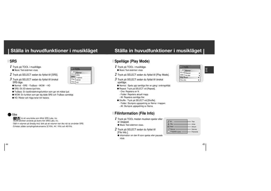 Samsung YH-J70SB/ELS Spelläge Play Mode, Filinformation File Info, Tryck på Tool medan musiken spelar eller är stoppad 