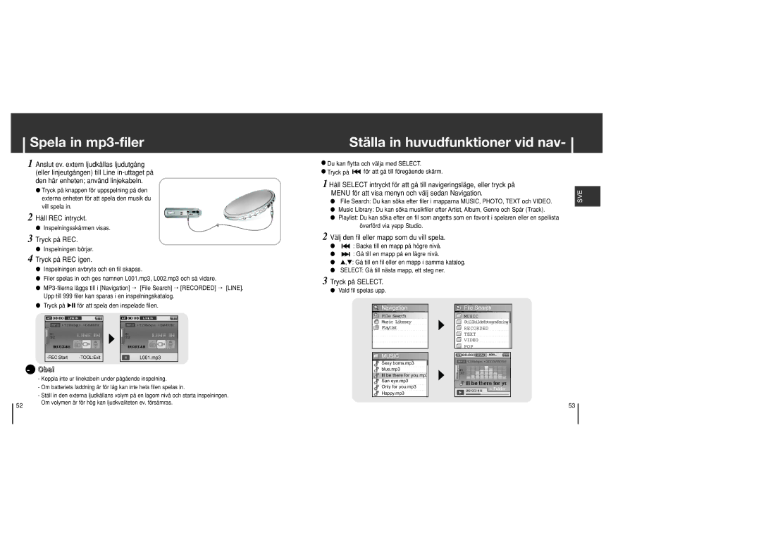 Samsung YH-J70SB/ELS manual Spela in mp3-filer, Ställa in huvudfunktioner vid nav 