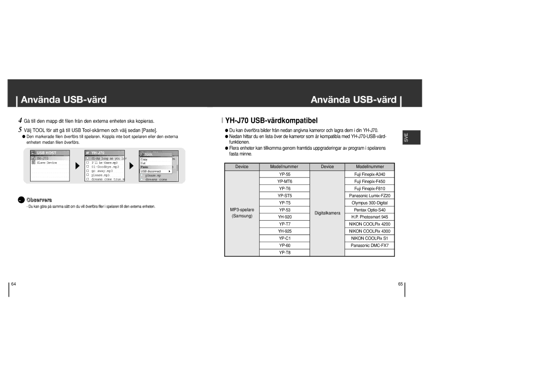 Samsung YH-J70SB/ELS manual YH-J70 USB-värdkompatibel, USB Host 