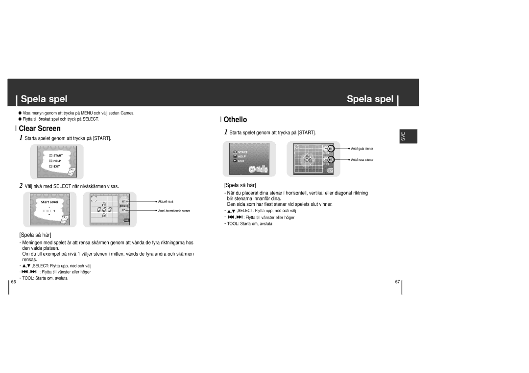 Samsung YH-J70SB/ELS manual Spela spel, Clear Screen, Othello, Starta spelet genom att trycka på Start 