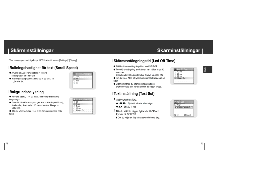 Samsung YH-J70SB/ELS manual Skärminställningar, Bakgrundsbelysning, Textinställning Text Set, Välj önskad textfärg 