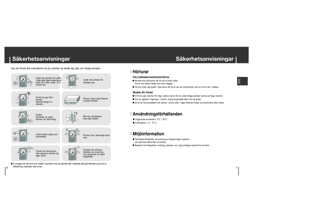 Samsung YH-J70SB/ELS manual Säkerhetsanvisningar, Hörlurar, Användningsförhållanden, Miljöinformation 