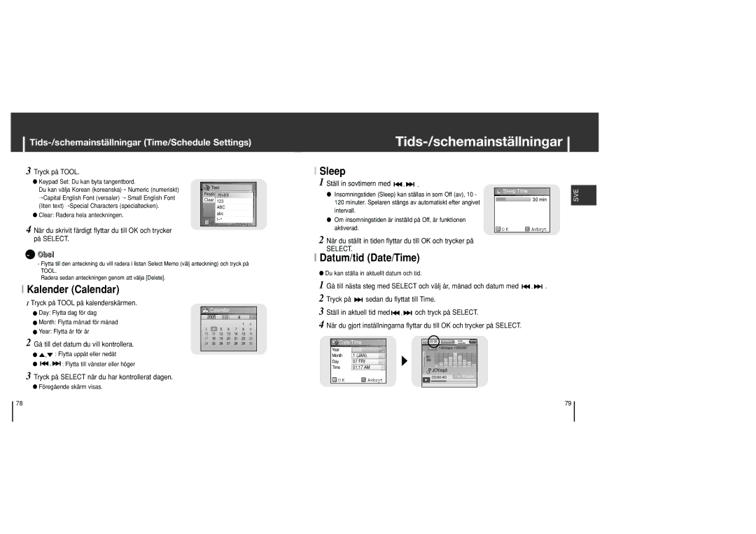 Samsung YH-J70SB/ELS manual Tids-/schemainställningar, Sleep, Kalender Calendar, Datum/tid Date/Time 