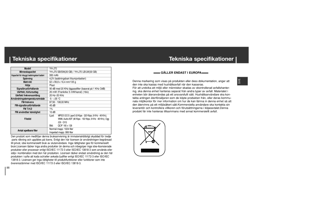 Samsung YH-J70SB/ELS manual Tekniska specifikationer, Användningstemperaturområde 