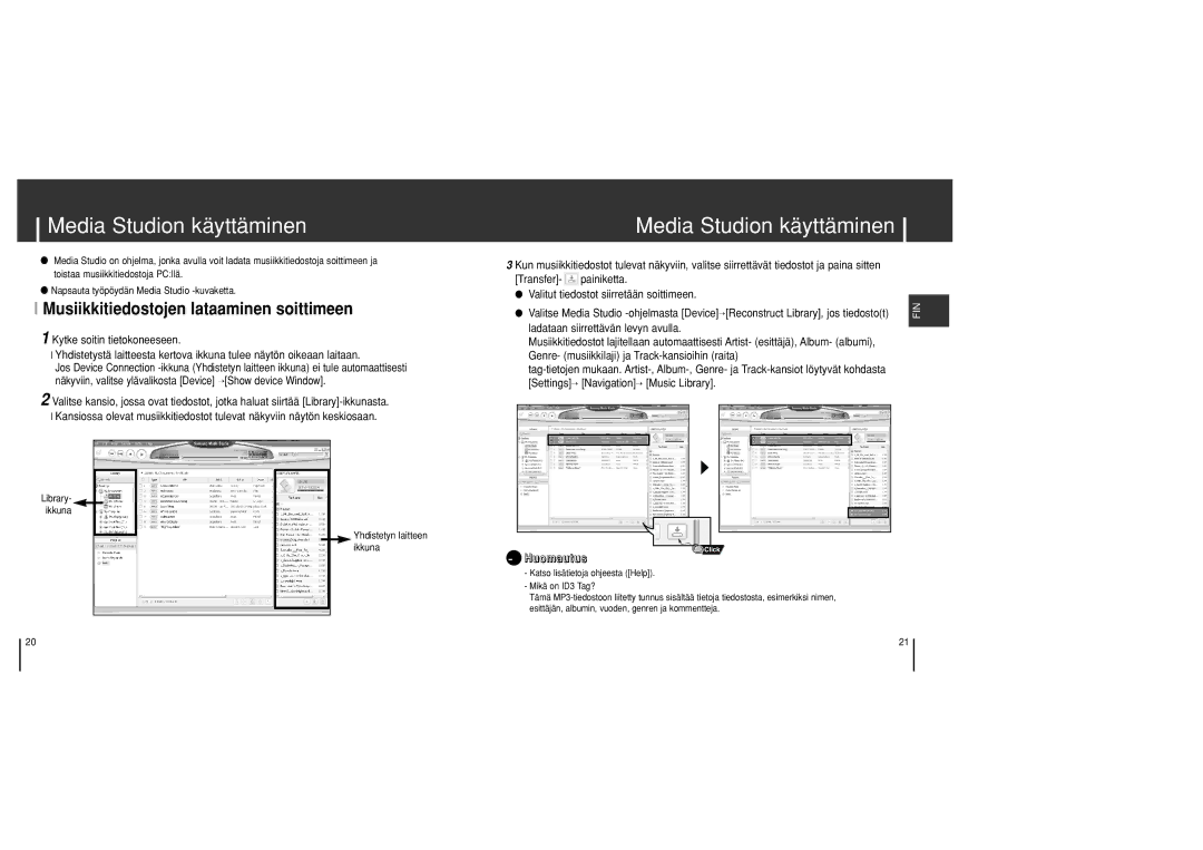 Samsung YH-J70SB/ELS manual Media Studion käyttäminen, Musiikkitiedostojen lataaminen soittimeen 