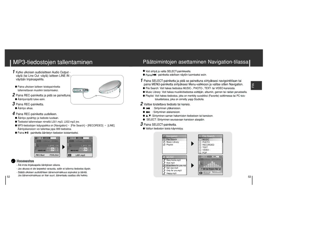 Samsung YH-J70SB/ELS manual MP3-tiedostojen tallentaminen, Valitse toistettava tiedosto tai kansio 