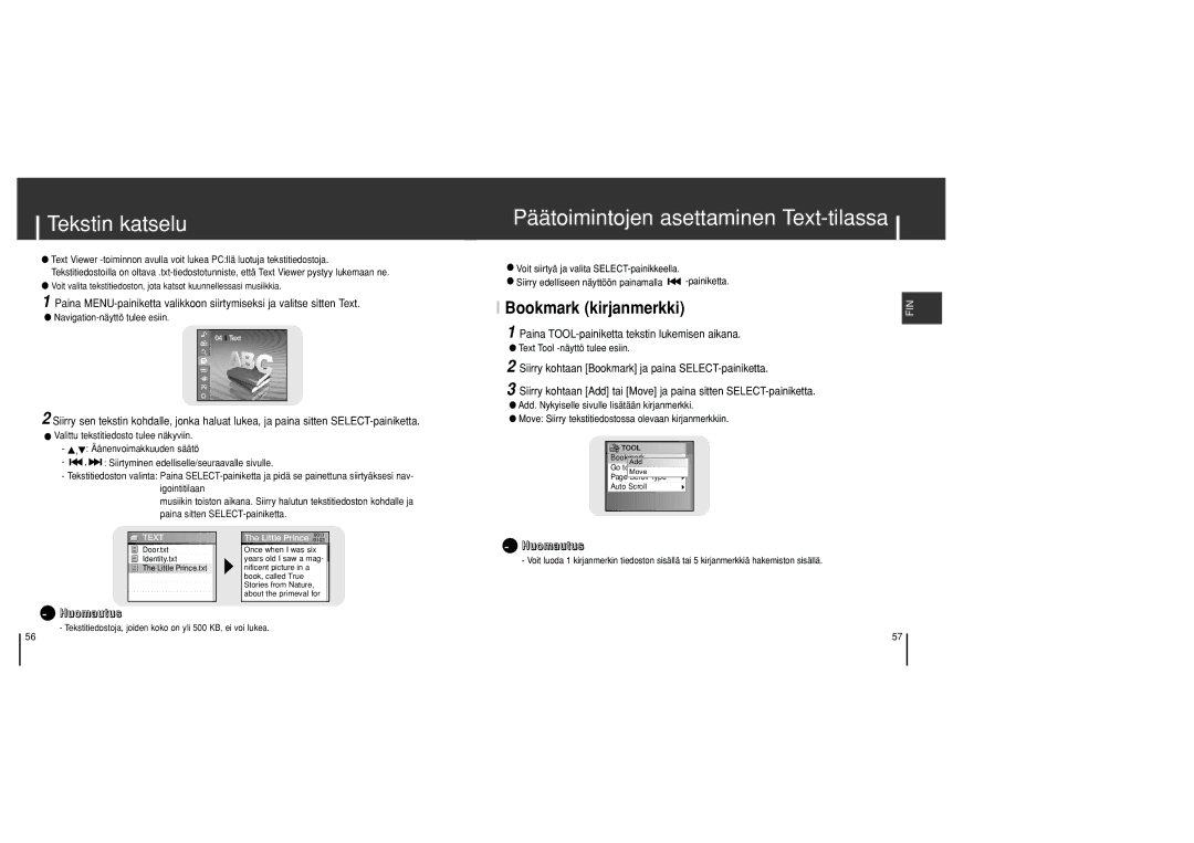 Samsung YH-J70SB/ELS manual Tekstin katselu, Päätoimintojen asettaminen Text-tilassa 