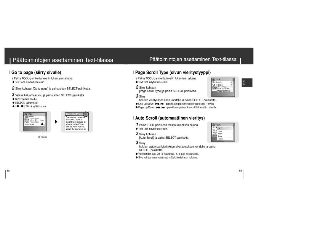 Samsung YH-J70SB/ELS manual Go to page siirry sivulle, Scroll Type sivun vieritystyyppi, Auto Scroll automaattinen vieritys 