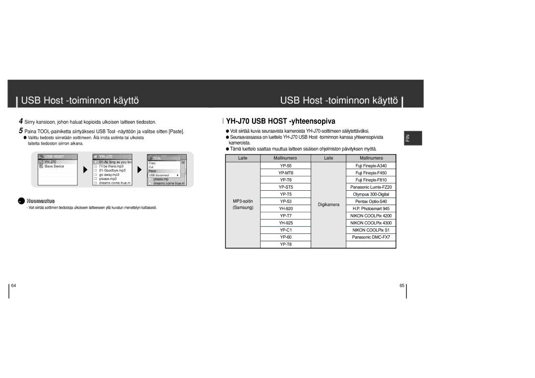 Samsung YH-J70SB/ELS manual YH-J70 USB Host -yhteensopiva 